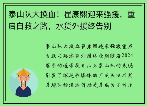 泰山队大换血！崔康熙迎来强援，重启自救之路，水货外援终告别