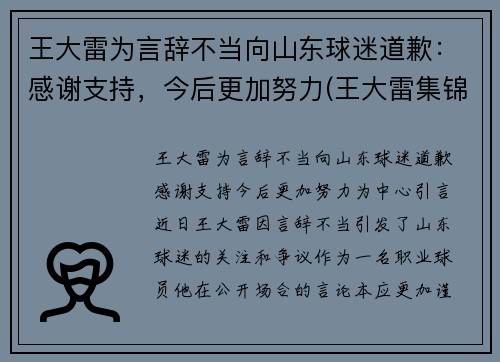 王大雷为言辞不当向山东球迷道歉：感谢支持，今后更加努力(王大雷集锦)